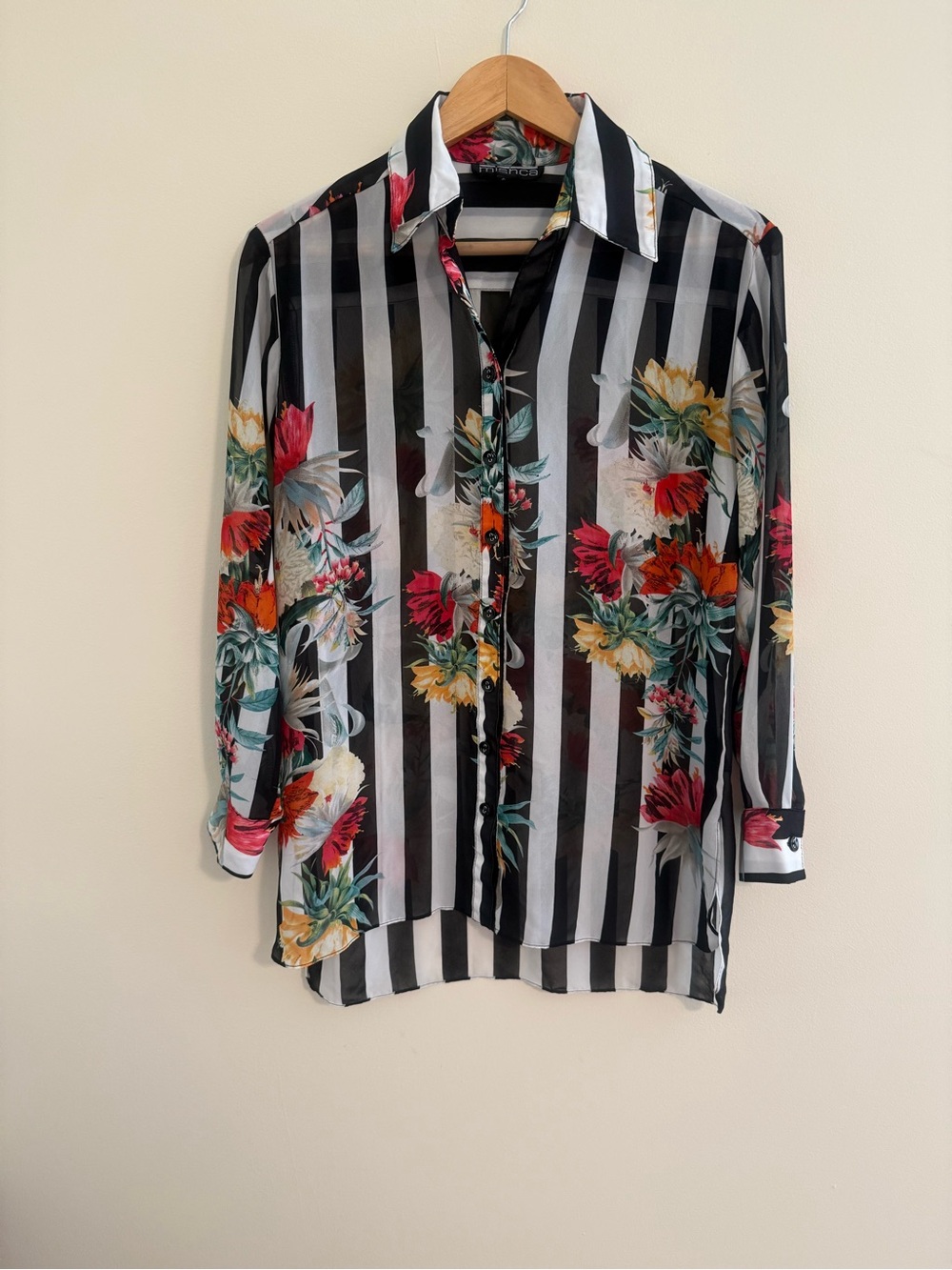 Mishca Sheer Floral Stripe Button-Down Blouse Small